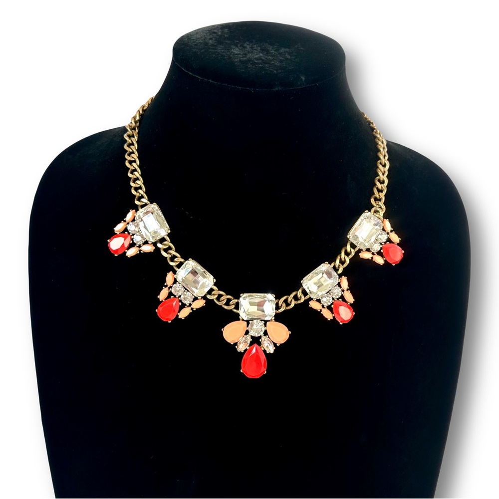 J. CREW Red & Orange Brass Statement Necklace with Crystal Accents - Picture 3 of 9